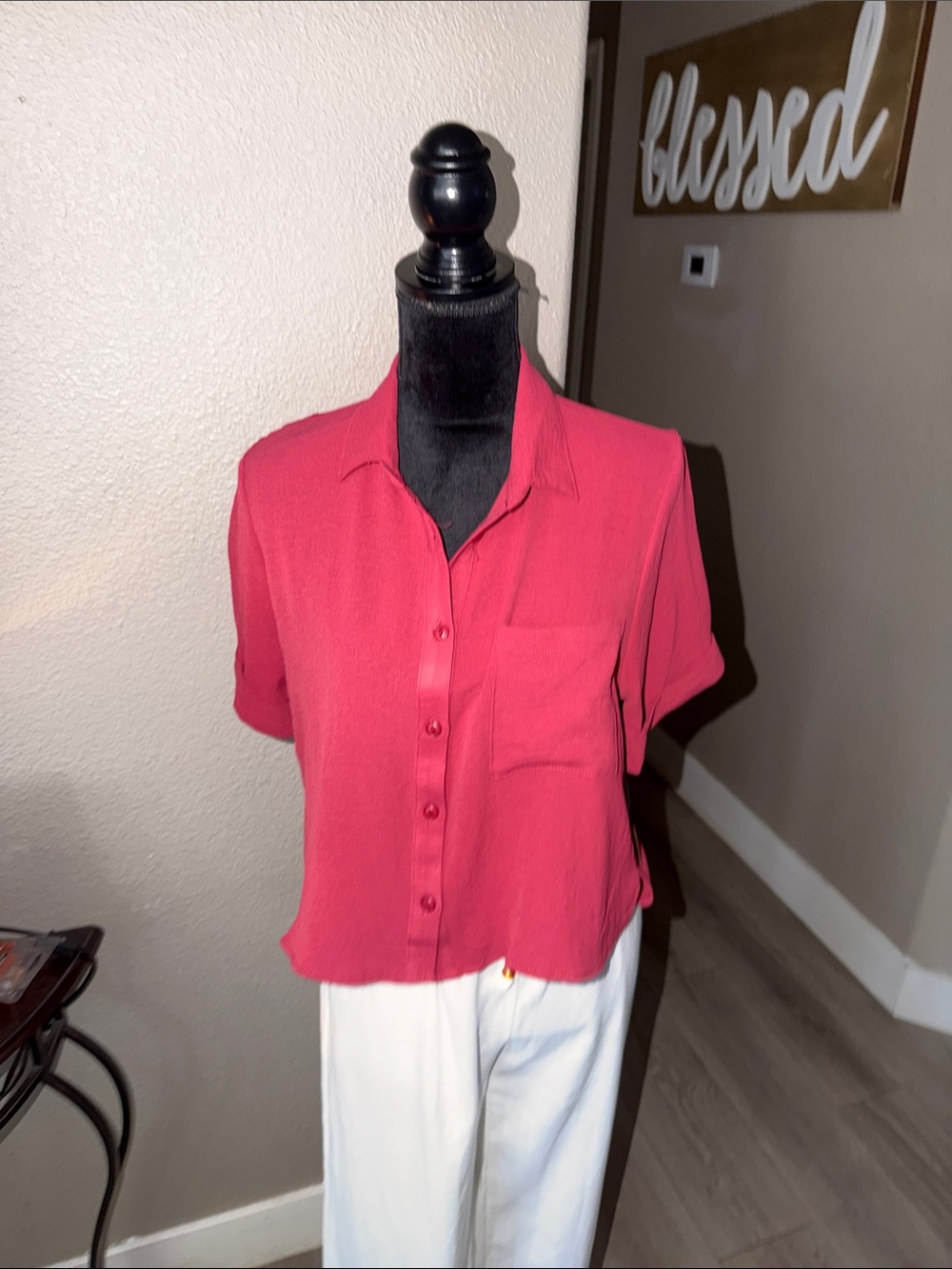 Women’s Short-Sleeve Button Front Top - Raspberry Pink